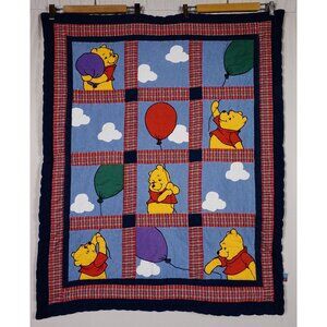 Winnie Pooh Baby Crib Blanket Quilt Balloons Clouds Plaid Nursery Vintage 1997